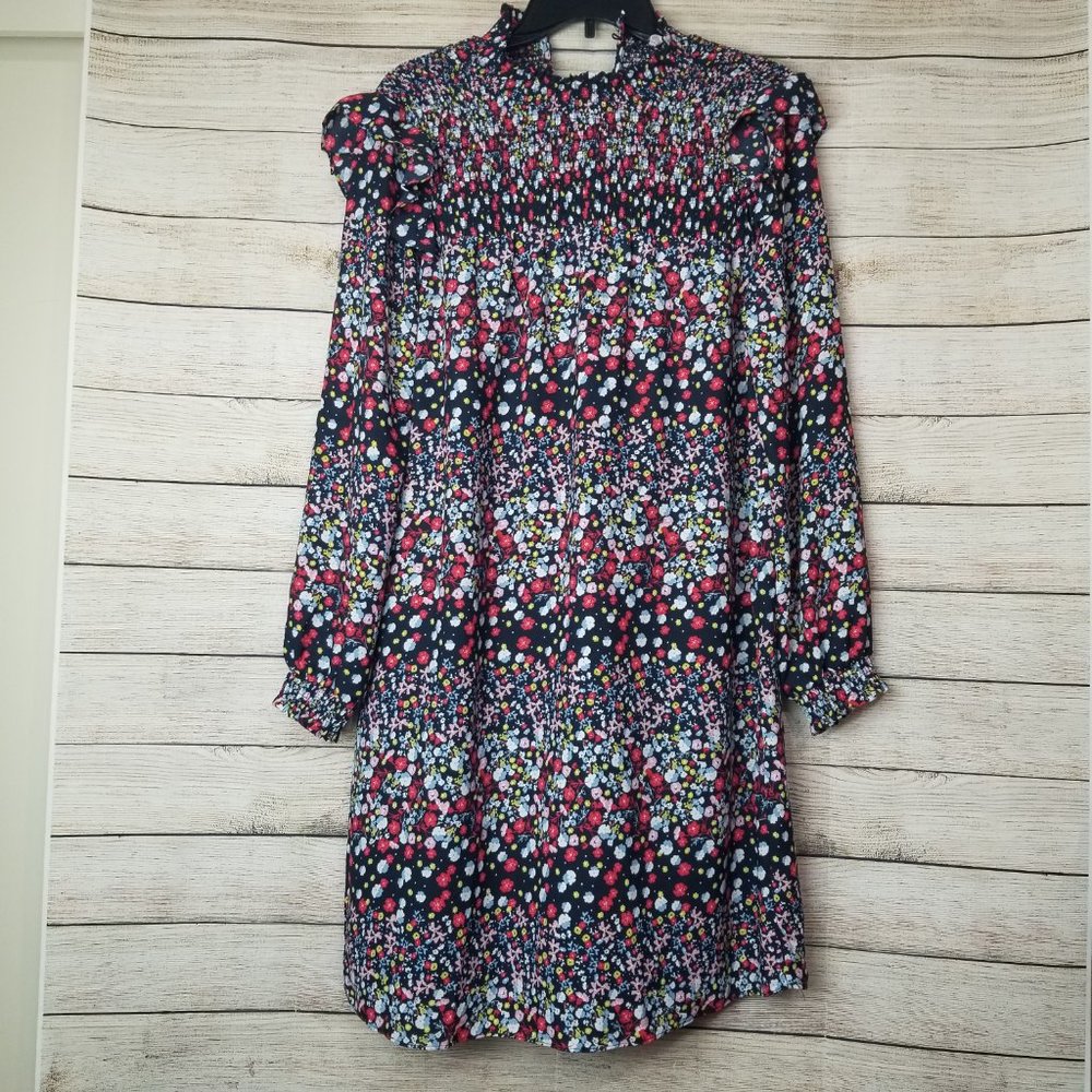 Nanette Lepore Women's Blue Floral Ruffle Smocked Mock-Neck Shift Dress Size 8